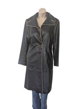 vintage, Oscar Leopold ,Black Leather Coat with Contrast Tan Piping